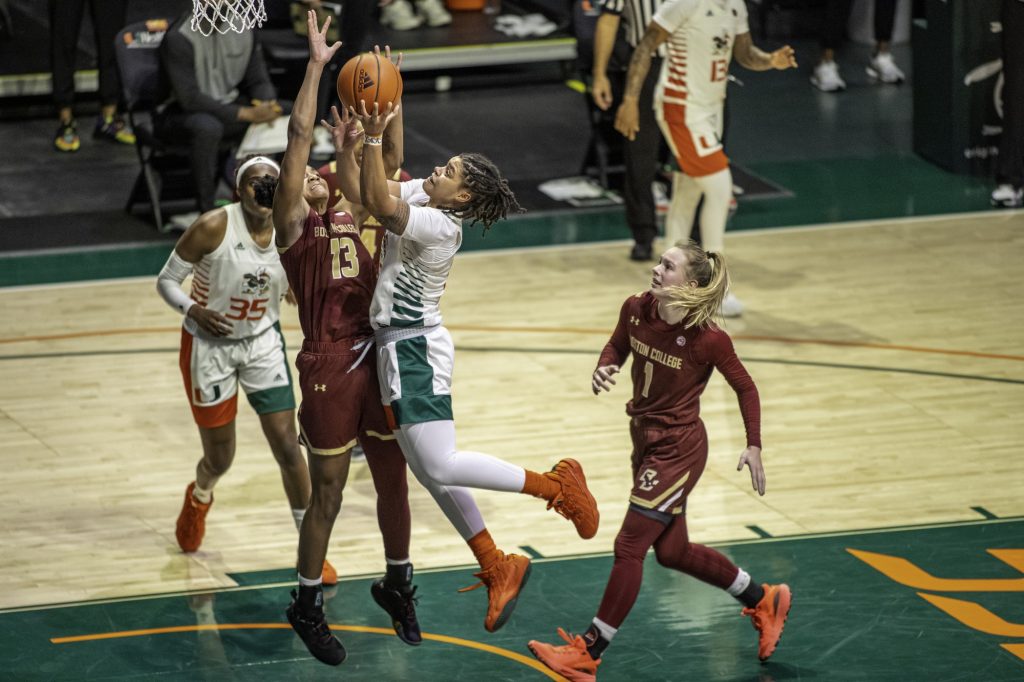 Redshirt junior Destiny Harden goes up for a contested shot in the second half of Miami's win Thursday Feb. 18. Harden scored a game high 20 points shooting 8 of 12 from the field.
