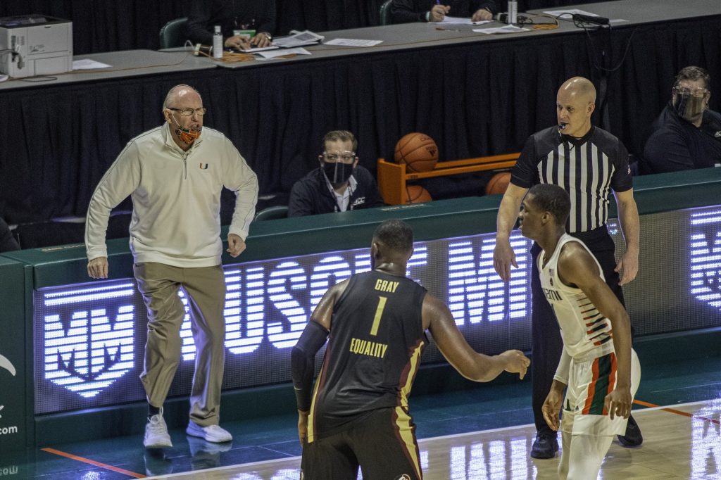 Head coach Jim Larrañaga yells at sophomore Anthony Walker in the final minutes of Miami's loss to Florida State on Wednesday Feb. 24. Miami's record falls to 7-14 on the season after their largest loss of the season.