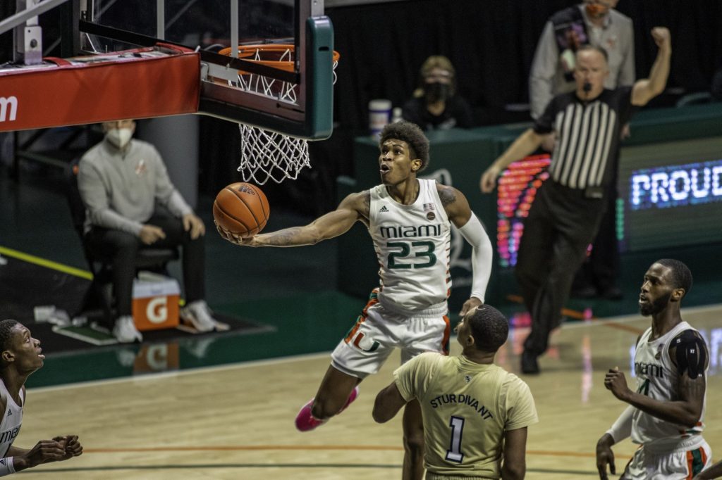 Senior Kameron McGusty attempts a layup in Miami's loss against Georgia Tech Saturday Feb. 20. McGusty scored 8 points while adding 5 rebounds and 4 assists.
