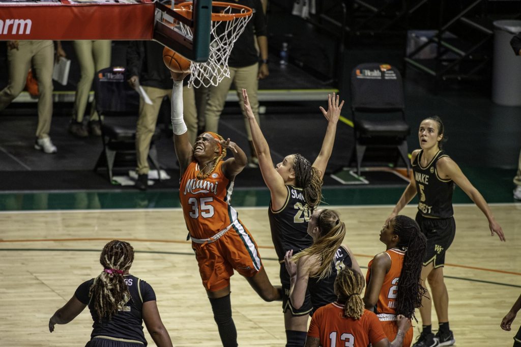 Junior Naomi Mbandu scores a last second bucket to beat the shot-clock in the closing seconds of Miami's victory over Wake Forest on Thursday Feb. 25. This shot by Mbandu gave the Canes a four point lead which ultimately allowed them to seal the game.