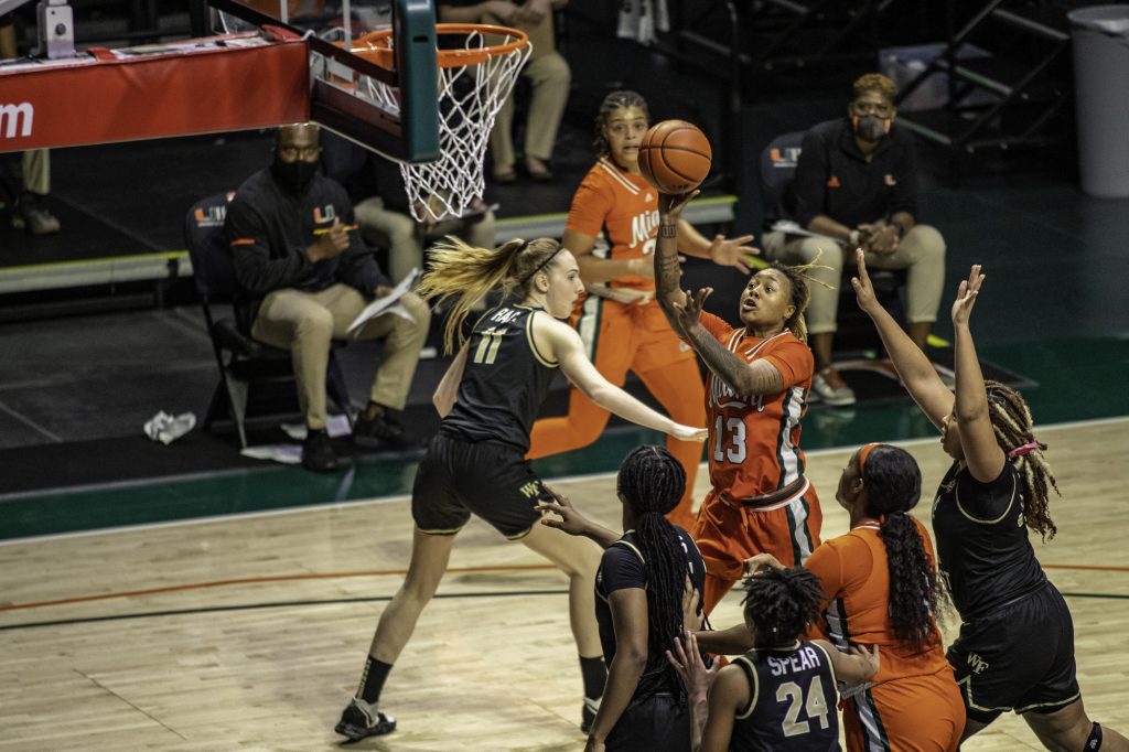 Senior Taylor Mason throws up a floater in Miami's win over Wake Forest on Thursday Feb. 25. Mason along with three other seniors capped off senior night with a win in their last home game of the season.
