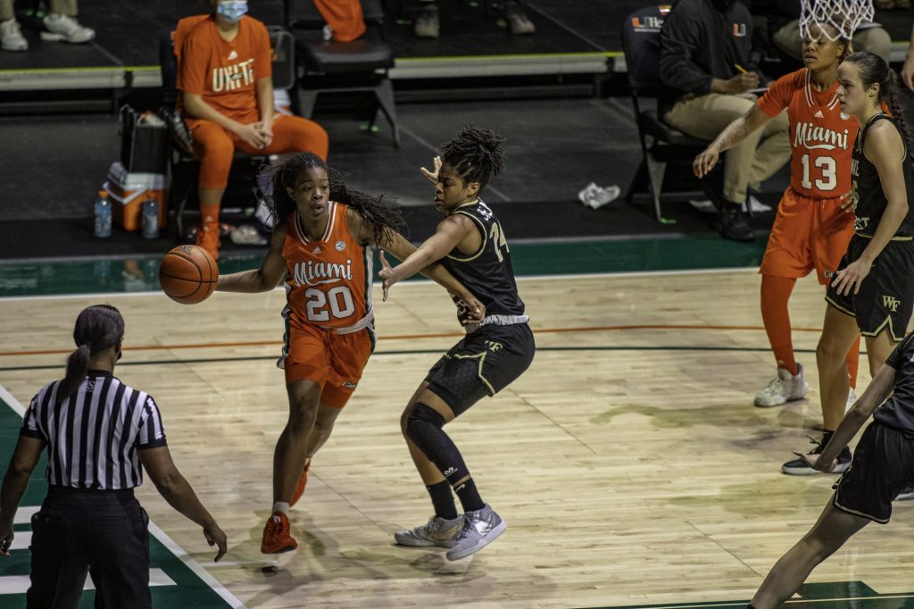 Senior Kelsey Marshall throws a pass around the back of the basket early in the second half of Miami's win over Wake Forest on Thursday Feb. 25. Marshall scored 11 points in the victory.