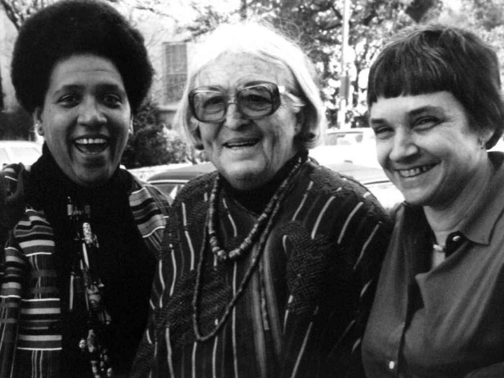 Adrienne Rich (right) stands next to Meridel Lesueur (center) and Audre Lorde (left).