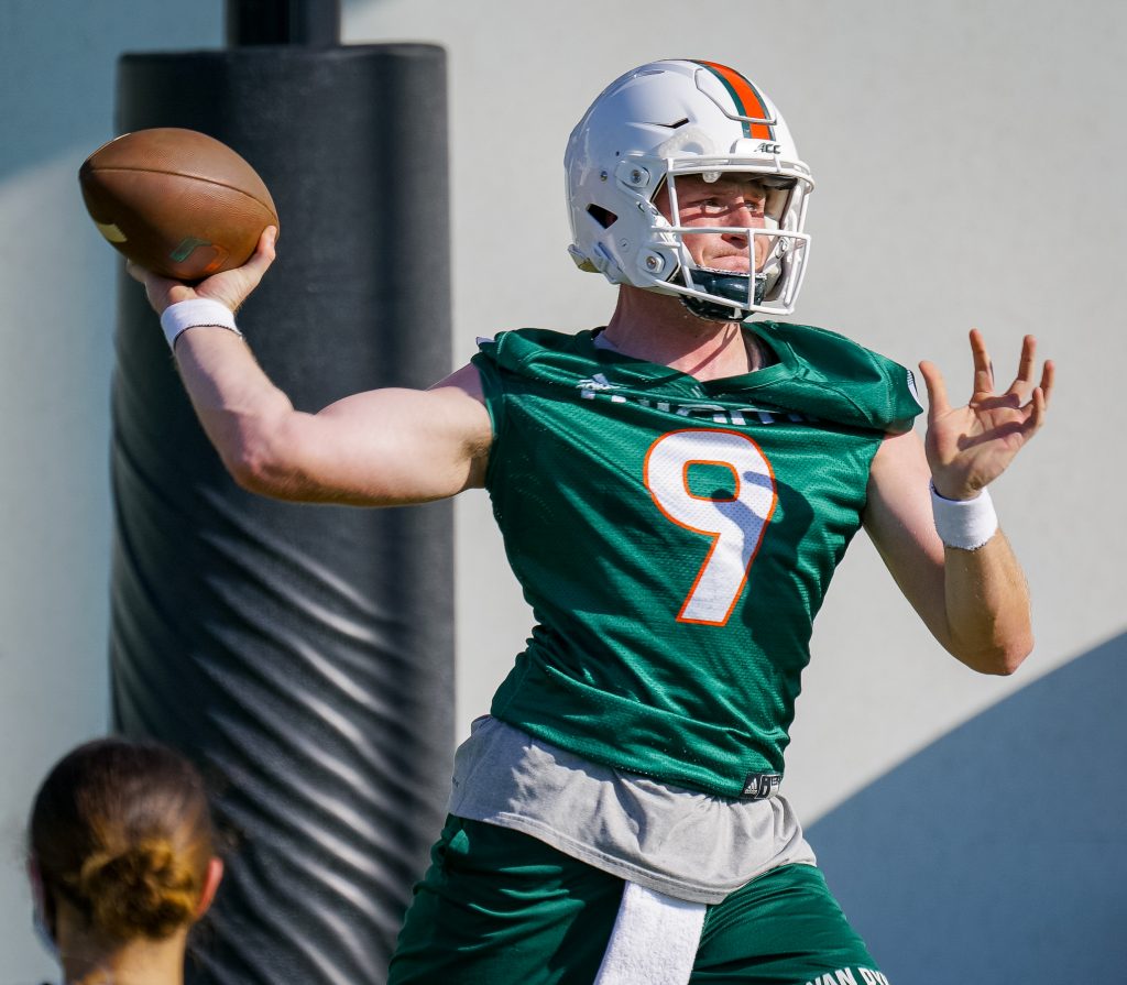 Freshman quarterback Tyler Van Dyke throws a pass during the first day of spring football practice on Monday, March 15.