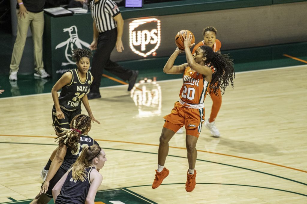Senior Kelsey Marshall attempts a shot from the free throw line in Miami's win over Wake Forest on Thursday Feb. 25 at the Watsco Center. Marshall led the team in points and averages 13.2 points per game.