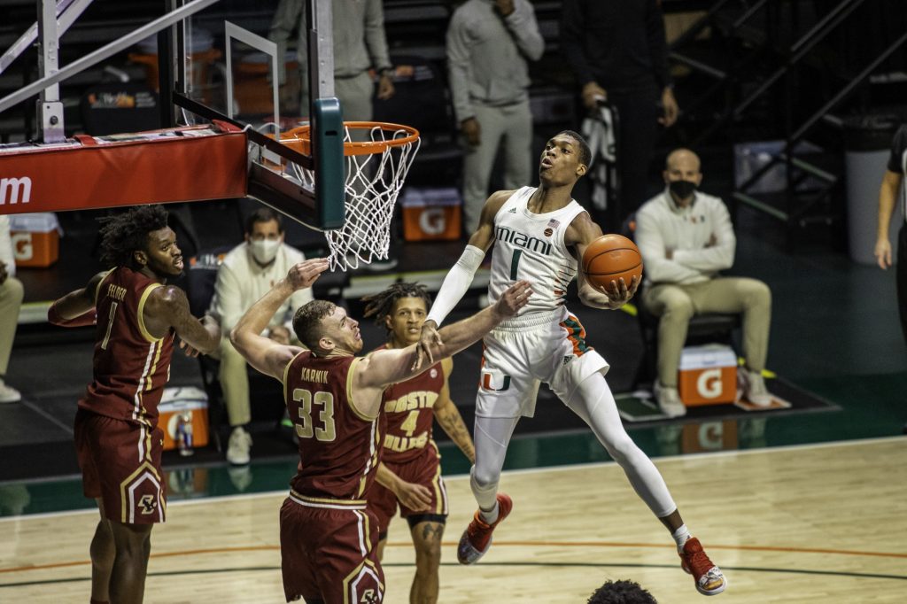 Sophomore Anthony Walker puts up a shot during the second half of Miami's win over Boston College Friday Mar. 5. Walker had 17 points, seven rebounds and four assists