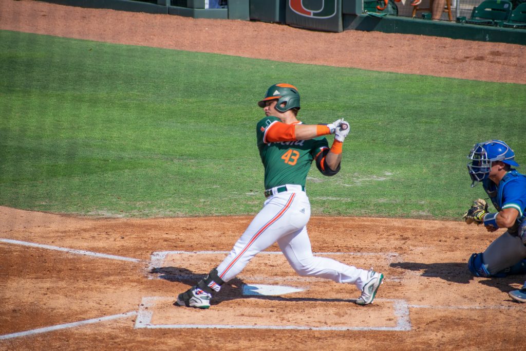 Right fielder Gabe Rivera bats during Miami's win over Florida Gulf Coast University on April 14 at Mark Light Field.