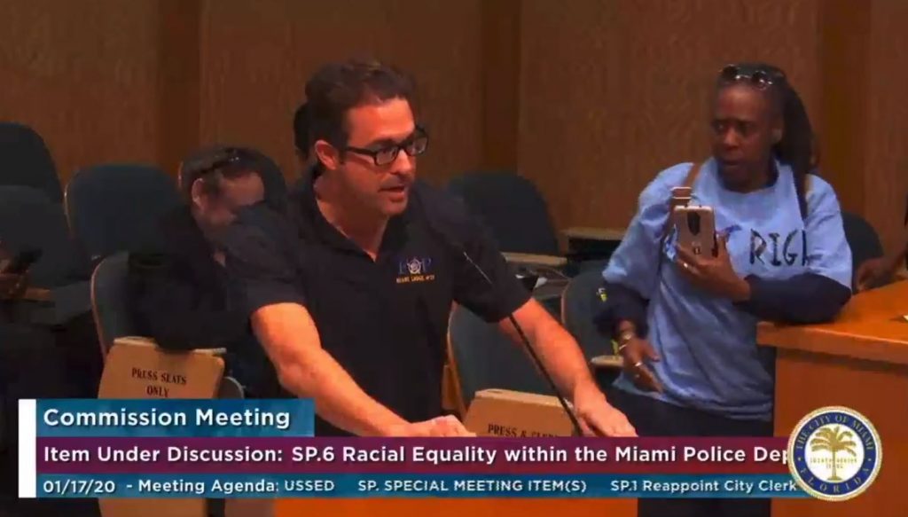 Ortiz at a Racial Equality hearing at city hall where he falsely claimed to be Black and referred to Black people as "Negros."