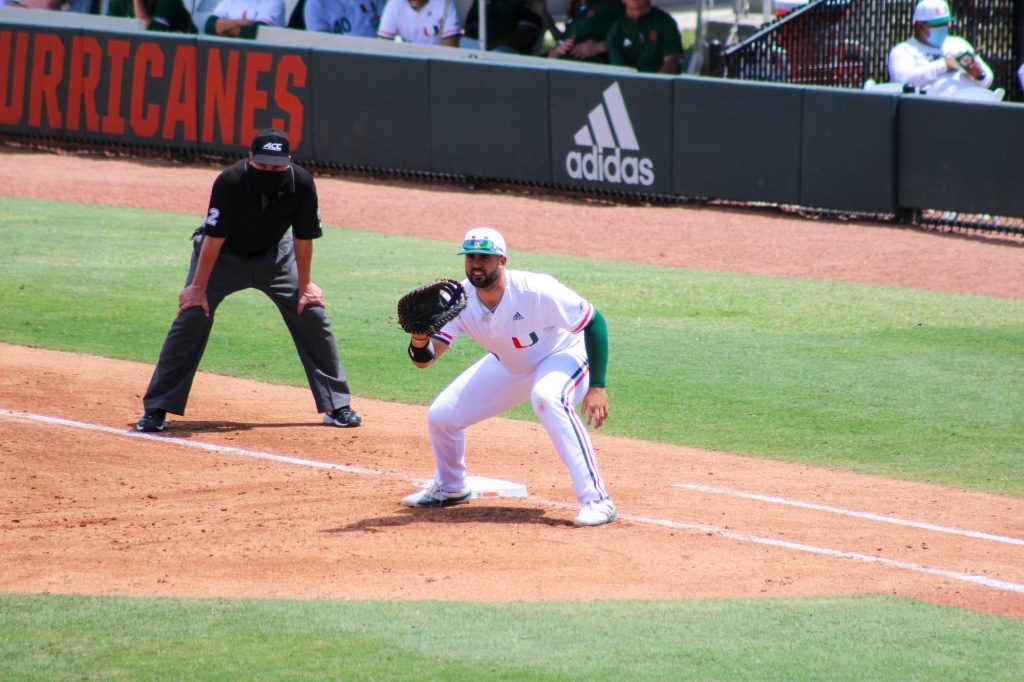 Alex Toral anticipates a throw to first base during Miami's game against Duke on April 4 at Mark Light Field.
