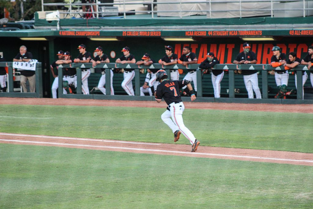 Anthony Vilar runs to first base during Miami's win over FIU on April 7 at Mark Light Field.