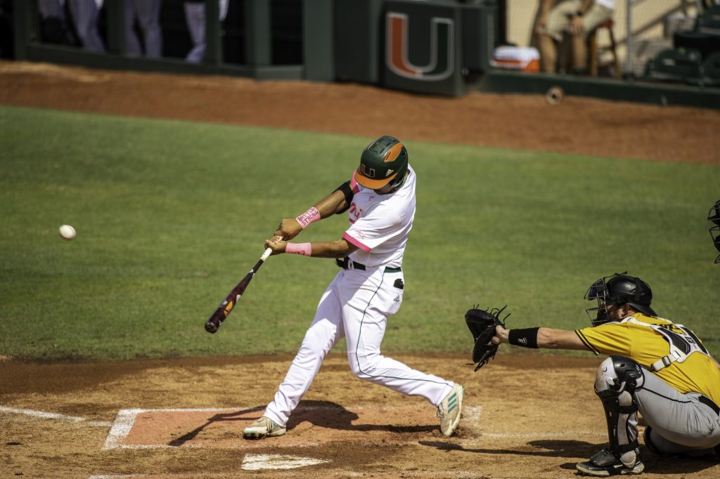 Sophomore Anthony Vilar follows through on a hit in Miami's win over Appalachian State on Sunday May 9 at Mark Light Field. Vilar registered one hit, two walks, and scored three times in the Canes' 10-2 victory on Sunday.