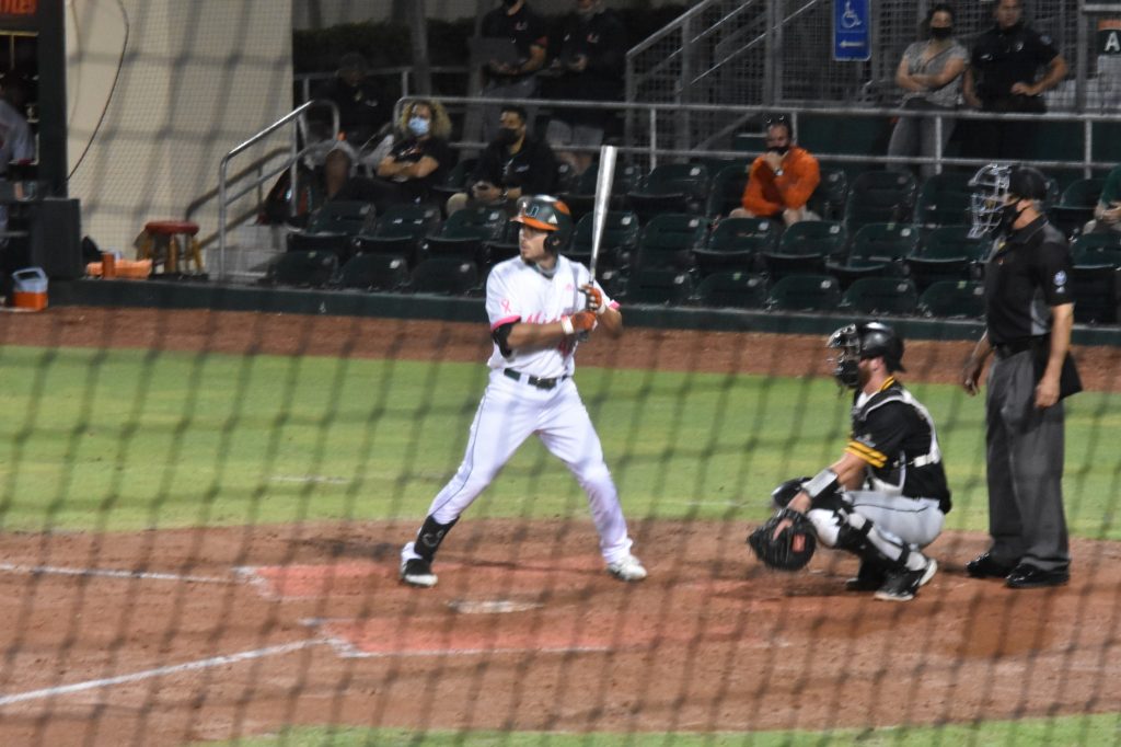 Christian Del Castillo bats during Miami's game against Appalachian State on May 7 at Mark Light Field.