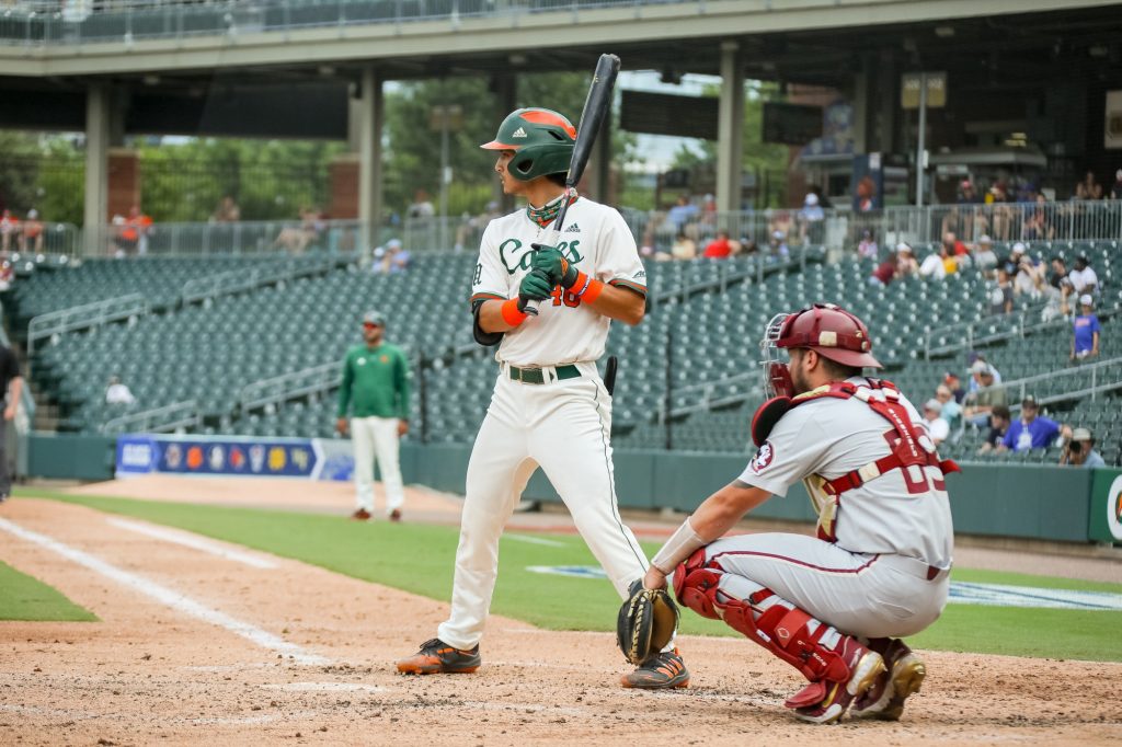 Dominic Pitelli bats for the Miami Hurricanes during Miami's 3-2 loss to Florida State in the ACC tournament at Truist Park in North Carolina.