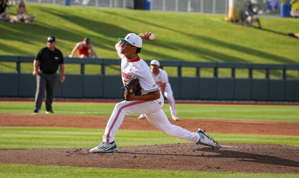 Alejandro Rosario throws a pitch against South Alabama in the NCAA Regionals at Gators Park in Gainesville, Florida.