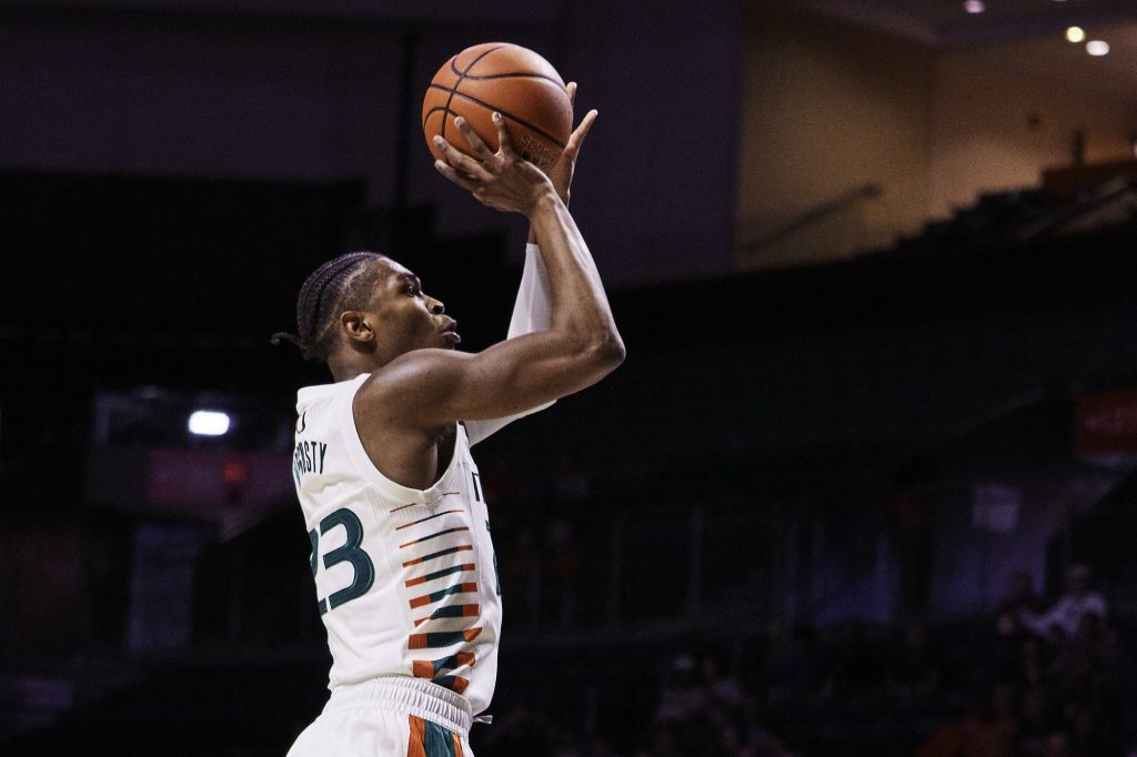 Kameron McGusty shoots during Miami's game against Quinnipiac on Nov. 16, 2019 at the Watsco Center.