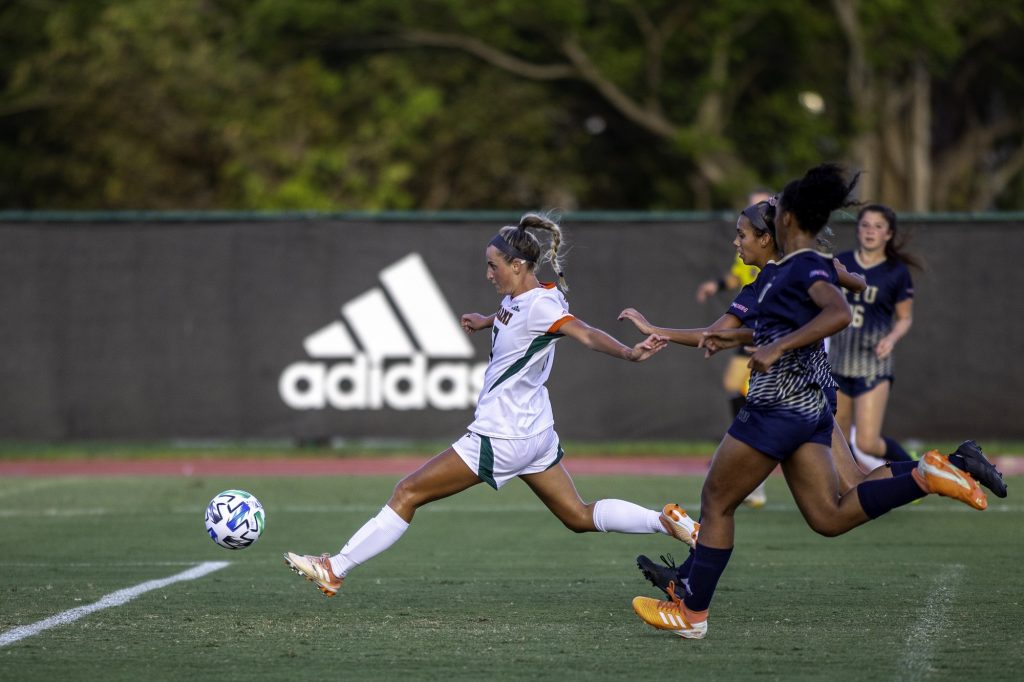 Junior Maria Jakobsdottir scores the second goal of the game for Miami in a win over Florida International University on Sunday, March 14 at Cobb Stadium in Coral Gables. Jakonsdottir is a key returning member of the UM women's soccer team.