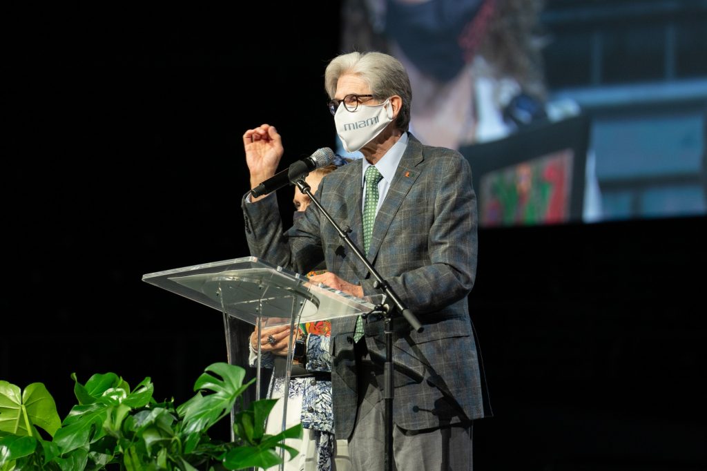President Frenk welcomes the class of 2025 to the University of Miami during the President’s Welcome program in the Watsco Center on Aug. 19, 2021.