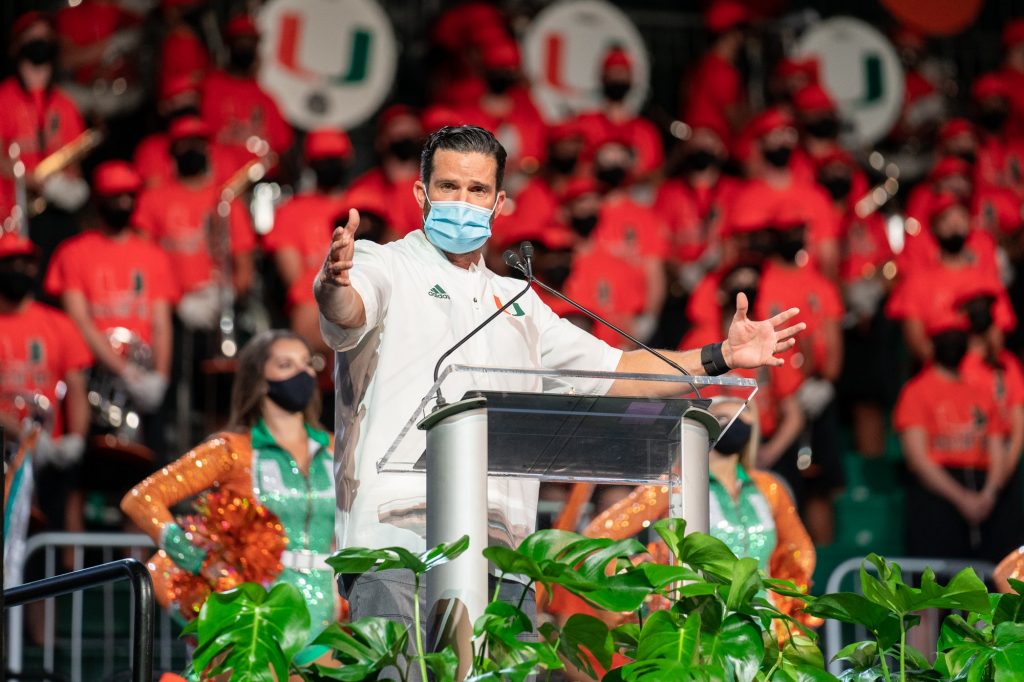 Hurricanes football Head Coach Manny Diaz welcomes the class of 2025 during the Canes Take Flight program in the Watsco Center on Aug. 19, 2021.
