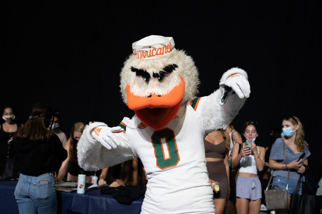 Sebastian the Ibis poses during Canefest in the Watsco Center on Aug. 22, 2021.