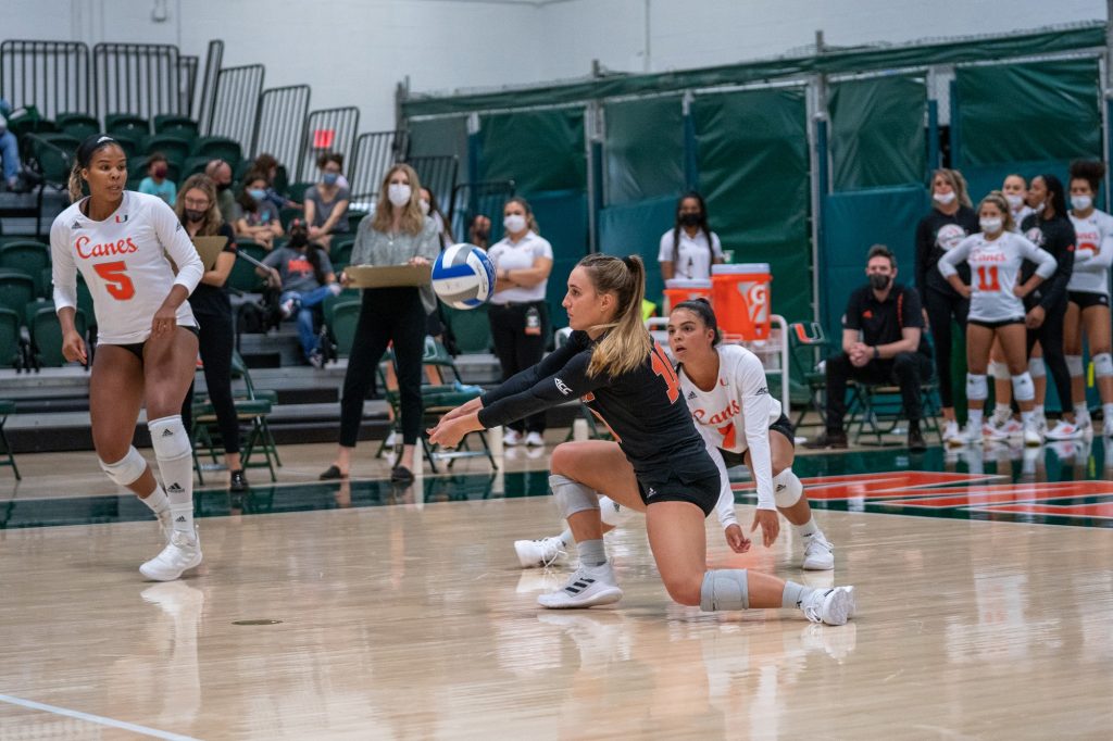 Senior defensive specialist Priscilla Hernandez bumps the ball during the Canes’ game versus UMBC in the Knight Sports Complex on Aug. 29, 2021.
