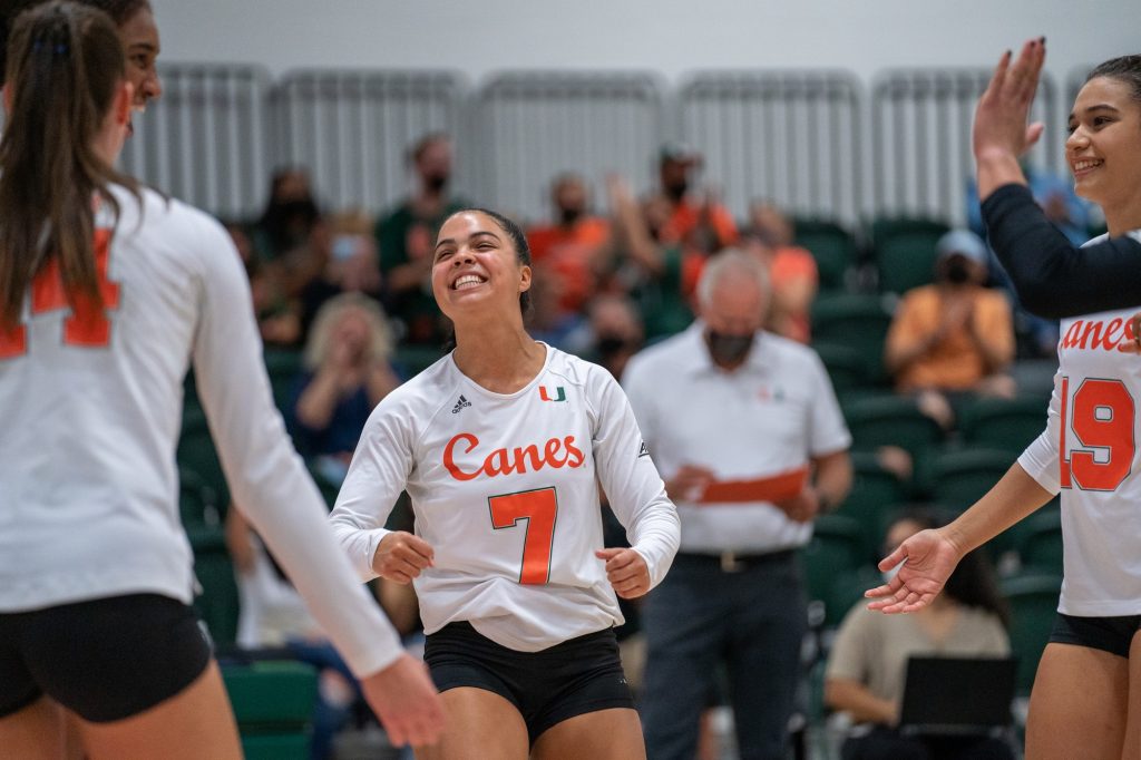 Freshman defensive specialist Yaidaliz Rosado celebrates after the Canes scored a point during their game against UMBC in the Knight Sports Complex on Aug. 29, 2021.