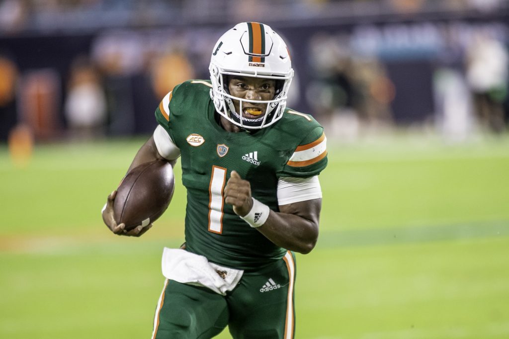 Redshirt senior D’Eriq King runs towards the sideline during the second half of Miami’s win over Ap[palachian State at Hard Rock Stadium on Saturday Sept. 11. King rushed for 79 total yards and had a long of 29 years.