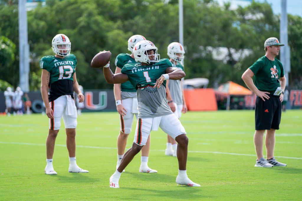 Redshirt senior quarterback D'Eriq King throws the ball during practice at the Greentree Practice Fields on Aug. 31, 2021.