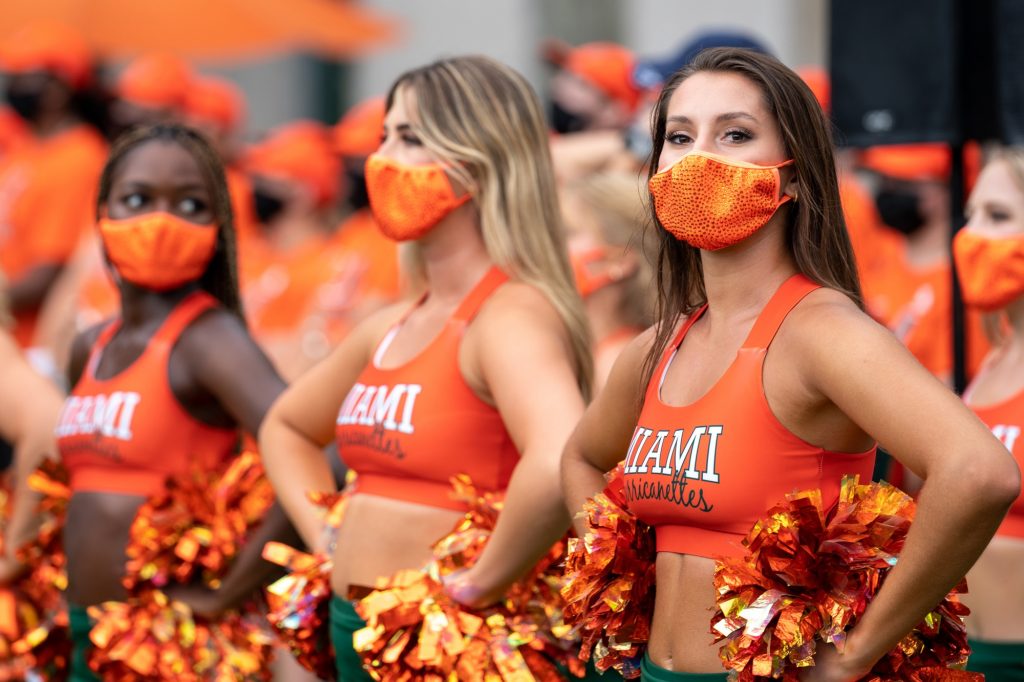 Members of the Hurricanettes wait to perform during the Family Weekend Pep Rally & BBQ on the Foote Green on Sept. 24, 2021.