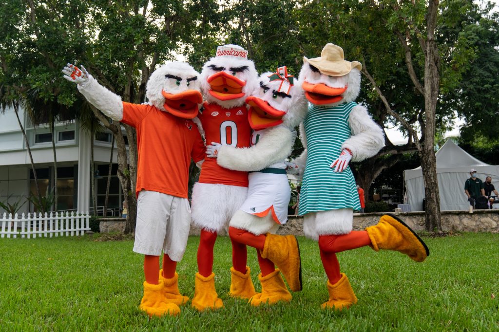 Sebastian the Ibis and his “family” pose during the Family Weekend Pep Rally & BBQ on the Foote Green on Sept. 24, 2021.