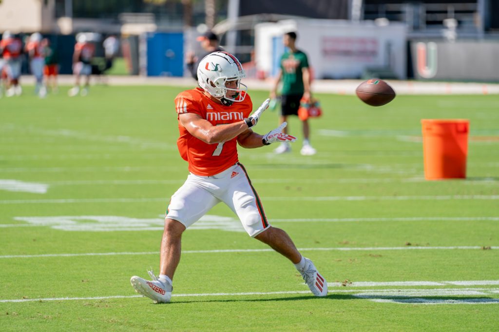 Freshman wide receiver Xavier Restrepo catches a pass during a drill at the Greentree Practice Fields on Sept. 14, 2021.