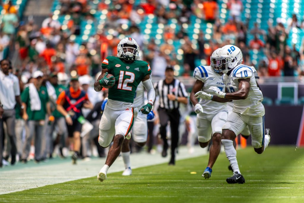 Freshman wide receiver Brashad Smith runs down the sideline in Miami’s 69-0 victory over Central Connecticut State University at Hard Rock Stadium on Saturday Sept. 25.