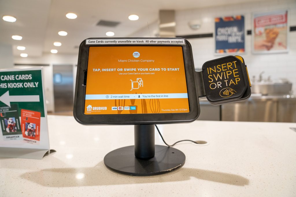 The self-pay kiosk at Miami Chicken Company, which has streamlined the checkout process at UM's newest restaurant. The kiosk has run smoothly outside of momentary, isolated technical difficulties.