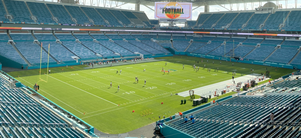 Canes football players warm up at Hard Rock Stadium prior to the 2021 spring football game. UM students will return to Hard Rock Stadium for the first time since 2019 on Saturday when Miami takes on Appalachian State in its first home game of the season.