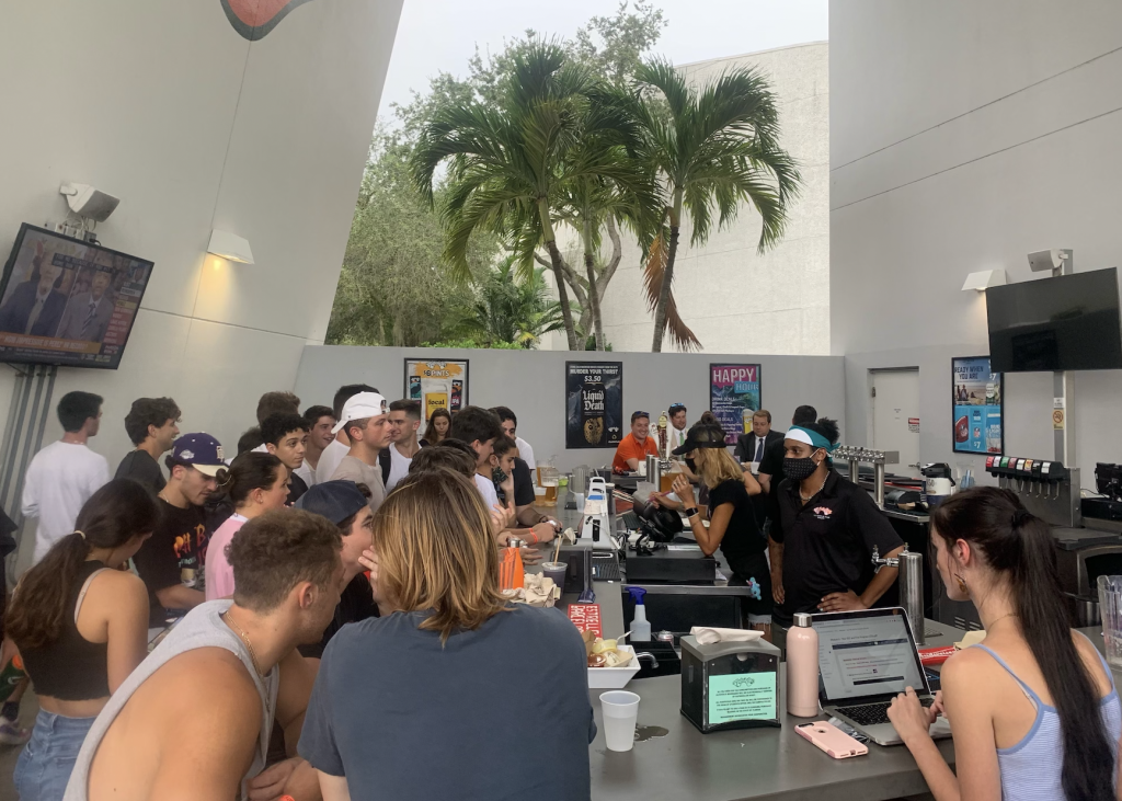 University of Miami students surround the outdoor bar at the Rathskeller at UM on Sept. 22, 2021.