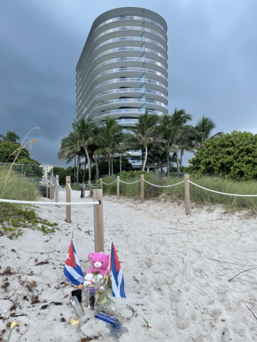 A small sentimental memorial on the beach in front of 8701 Collins Ave Condominium on Sept. 4 2021.