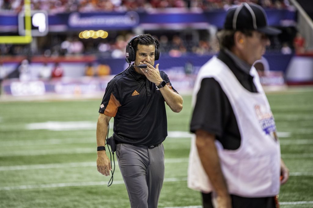Miami head coach Manny Diaz on the sidelines in the second half of Miami's game against Alabama at Mercedes-Benz Stadium in Atlanta on Sept. 4.