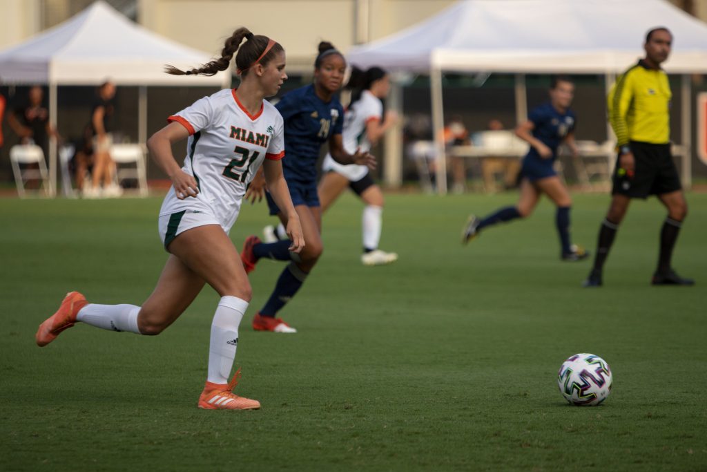 Freshman midfielder Lauren Meeks goes for the ball during the match versus FIU at Cobb Stadium on Sept. 9, 2021. Meeks scored Miami’s first goal of the game.
