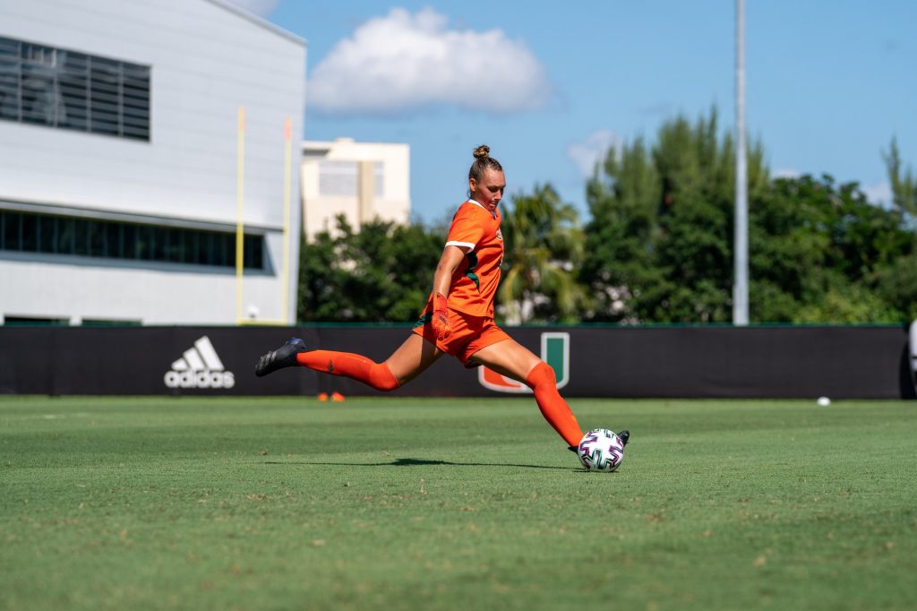 Junior goalkeeper Melissa Dagenais winds up to kick the ball during the first half of Miami’s match versus Pittsburgh at Cobb Stadium on Sept. 26, 2021.