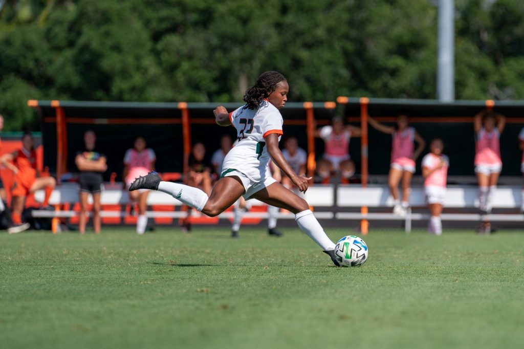 Junior midfielder/defender Taylor Shell winds up to kick the ball during the first half of Miami’s match versus Pittsburgh at Cobb Stadium on Sept. 26, 2021.