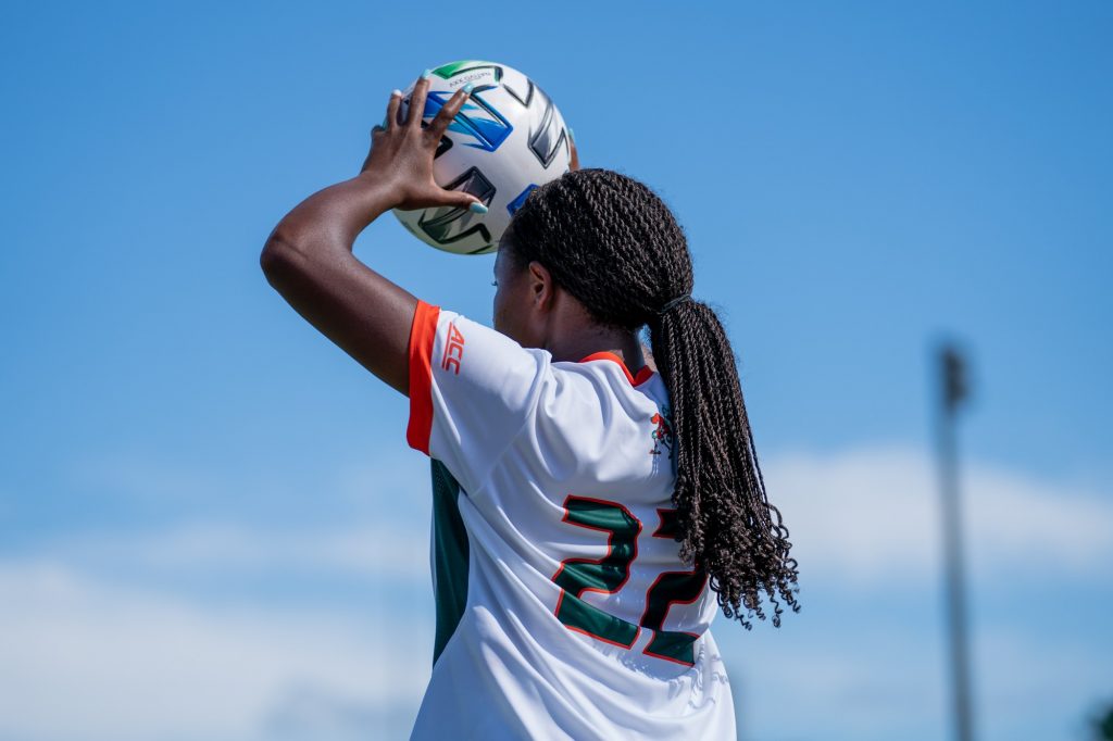 Junior midfielder/defender Taylor Shell looks for an open teammate to throw the ball in to during the first half of Miami’s match versus Pittsburgh at Cobb Stadium on Sept. 26, 2021.