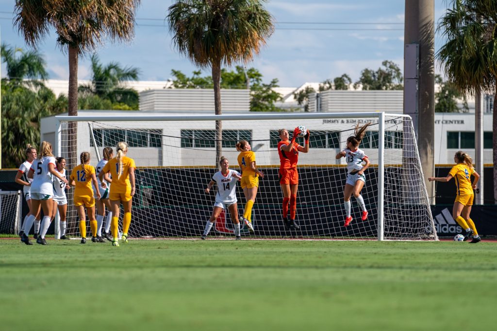 Junior goalkeeper Melissa Dagenais catches the ball after a shot on goal during the second half of Miami’s match versus Pittsburgh at Cobb Stadium on Sept. 26, 2021.
