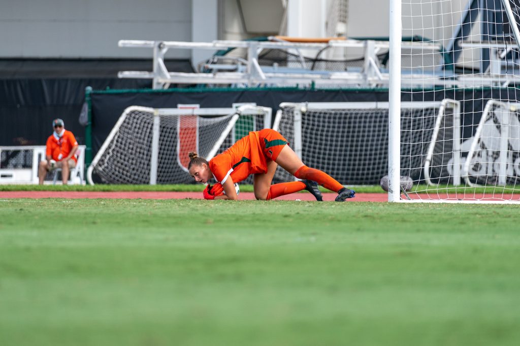Junior goalkeeper Melissa Dagenais stops the ball after a shot on goal during the second half of Miami’s match versus Pittsburgh at Cobb Stadium on Sept. 26, 2021.