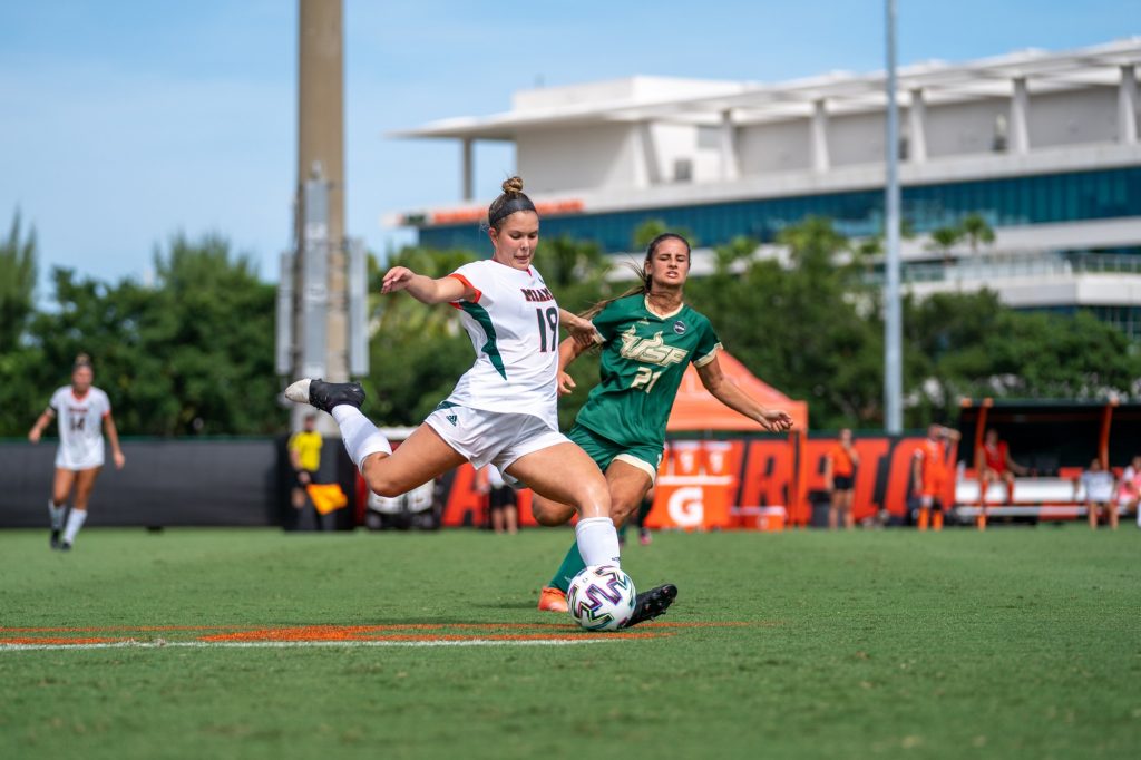Sophomore defender Delaney Brown winds up to clear the ball during the second half of the Canes’ game versus USF at Cobb Stadium on Sept. 12, 2021.