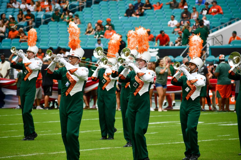 The Frost Band of the Hour performs before the Canes' game versus the Central Michigan Chippewas at Hard Rock Stadium on Sept. 21, 2019.