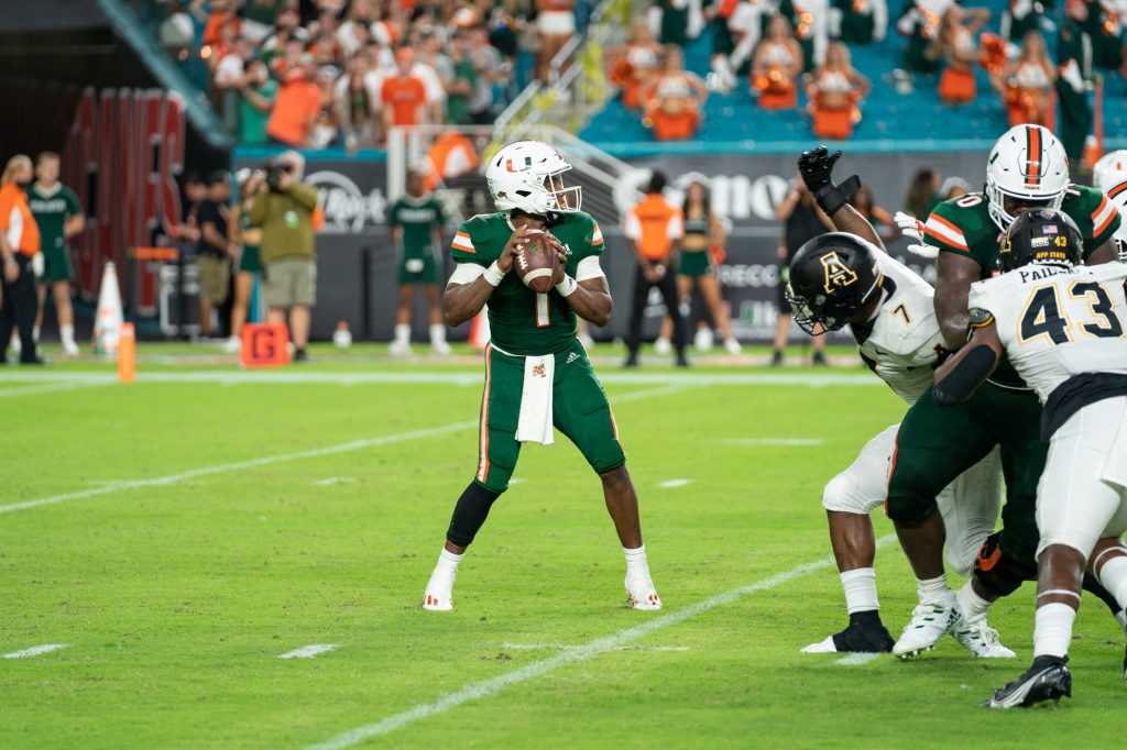 Redshirt senior quarterback D’Eriq King scans downfield during Miami’s game versus Appalachian State at Hard Rock Stadium on Sept. 11, 2021.