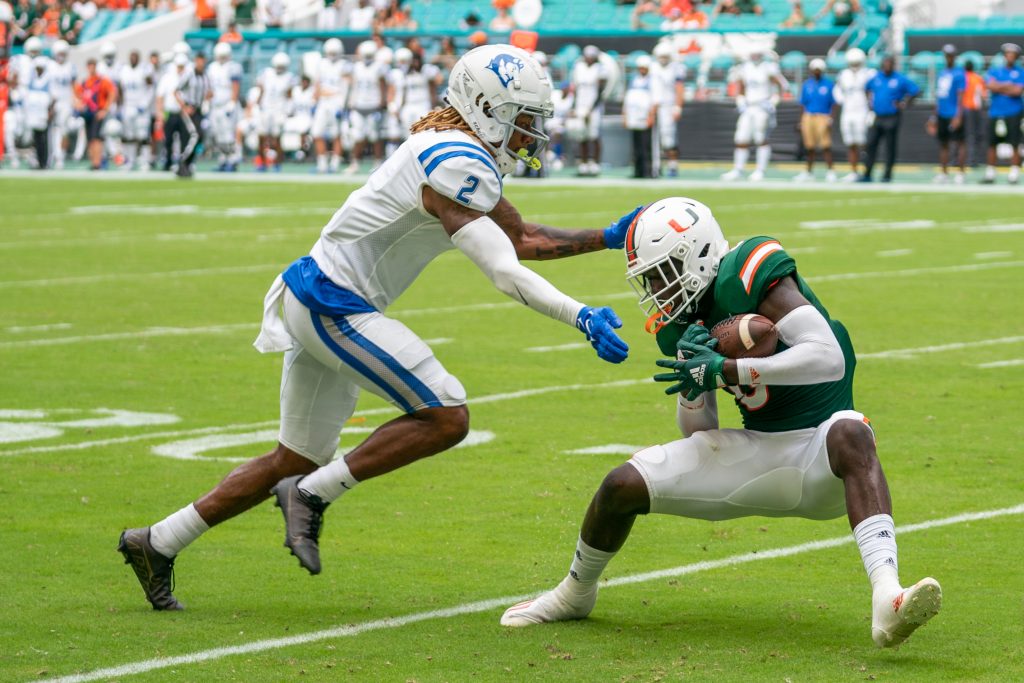 Freshman safety James Williams intercepts a pass during the third quarter of Miami’s game versus Central Connecticut State at Hard Rock Stadium on Sept. 25, 2021.