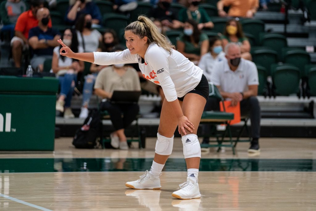 Freshman setter Alanys Viera signals to a teammate during the Canes’ game versus UMBC in the Knight Sports Complex on Aug. 29, 2021.