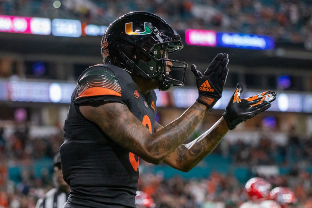 Senior wide receiver Mike Harley celebrates in the fourth quarter of Miami’s game versus NC State University at Hard Rock Stadium on Oct. 23, 2021.