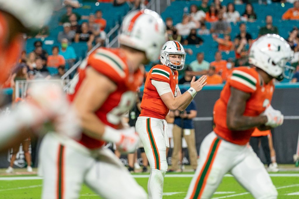 Freshman quarterback Tyler Van Dyke looks at his receivers before calling for the snap during the third quarter of Miami’s game versus the University of Virginia at Hard Rock Stadium on Sept. 30, 2021. Van Dyke threw 15 completions on 29 attempts for 203 yards and one touchdown.