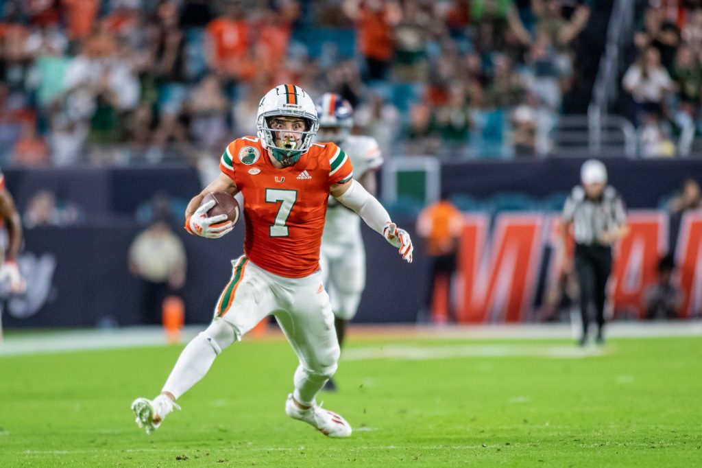 Freshman wide receiver Xavier Restrepo makes a move while running down the field during the second half of Miami’s loss to Virginia on Thursday Sept. 30 at Hard Rock Stadium